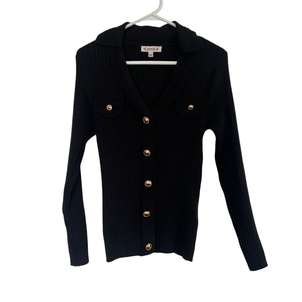 Nanette Lepore Women's Pocket Sweater Gold Buttons‎ Stretchy Size Large